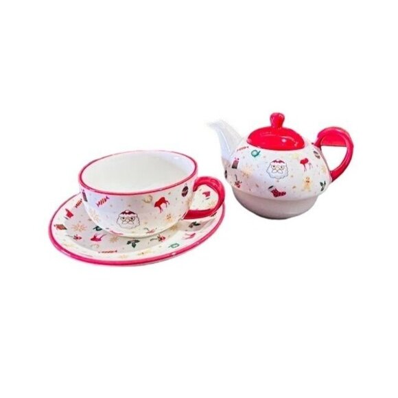 Christmas Ceramic Tea Set With Santa & Reindeer Design - Cup Saucer & Teapot - Picture 1 of 4